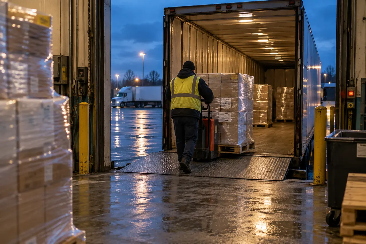 Loading dock at dusk with wrapped pallets and an open trailer